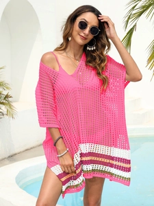 Women's deep V-neck crochet beach cover-up with colorful stripes in bright rose pink
