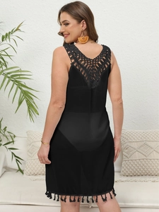 Plus size black V-neck crochet tassel chiffon beach dress with hollow back detail