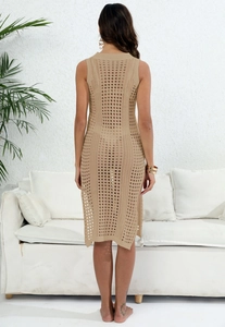 Detailed back view of a beige crochet knit beach cover-up dress with openwork design