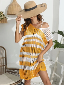 Women's yellow and white striped knit crochet beach cover-up with a loose fit