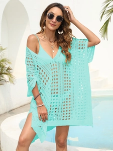 Light blue crochet beach cover-up with deep V-neck and hollow out knit design
