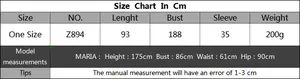 Size chart for women's crochet lace dress featuring precise measurements and model data