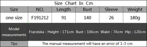 Detailed size chart in centimeters for the oversized beach cover-up dress with model reference