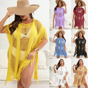 Detailed collage of crochet tassel beach cover-up dress in various vibrant summer colors