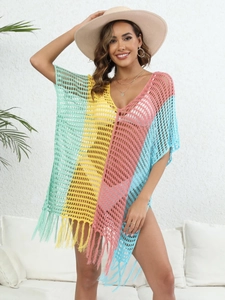 Women Crochet Beach Cover Up V Neck Color Block Patchwork Tassel Knit Swimwear Bikini Bathing Suit Hollow Out Summer Dress