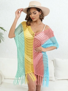 Women's crochet color-block beach cover-up dress with V-neck and tassel hem detail