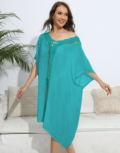 Detail view of turquoise crochet beach cover-up with V-neck and hollow out knit patterns
