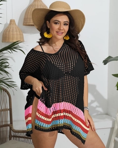 Detail of crochet beach cover-up featuring colorful striped hem and hollow knit texture