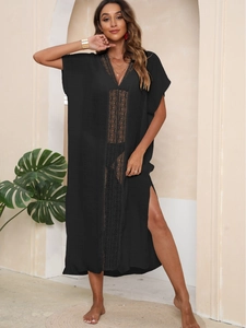 Women's V-Neck Beach Cover-up Dress Bohemian Lace Crochet Stitching Side Slit Long Vacation Bikini Coverup Top