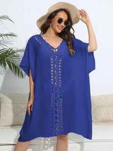 Women's Crochet Hollow Out Beach Cover Up V Neck Loose Kaftan Dress Oversized Batwing Sleeve Swimwear Bikini Coverup