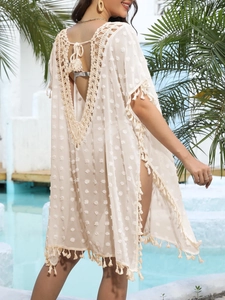 Robe de plage au crochet dos nu pour femme avec franges et texture en maille ajourée