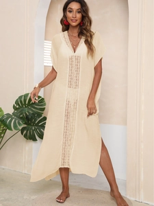 Bohemian V-neck beige beach cover-up with lace trim and side splits for holiday style