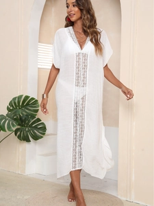 White V-neck lace crochet beach cover-up maxi dress with side slits for vacation