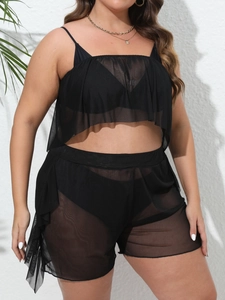 Detail of plus size black mesh two-piece swimwear set with ruffled sheer beach cover-up fabric