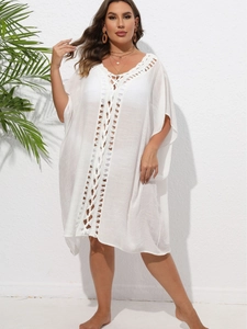 Grande Taille Col en V Crochet Ajouré Sortie de Plage Femmes Large Manche Chauve-souris Kaftan Bikini Coverup Robe