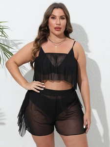 Detail of plus size black mesh three-piece beach set featuring ruffles and sheer fabric
