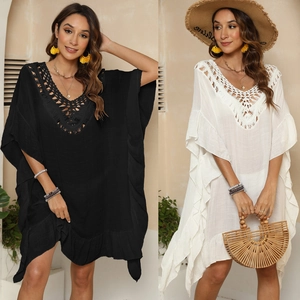 Cache-maillot de Plage Bohème Femmes Crochet Col en V Ajouré Manches Chauve-souris Ourlet Volanté Bikini Coverups Robe
