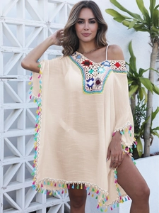 Cache-Maillot de Plage Bohème au Crochet pour Femmes Col en V Kaftan Glands Colorés Cache-Maillot de Bain Ample Vacances Été