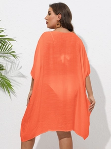 Cache-maillot de plage orange vif grande taille pour femme avec tissu fluide transparent