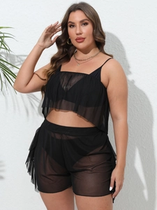 Plus size two-piece black sheer mesh set with ruffles for beach cover-up and summer wear