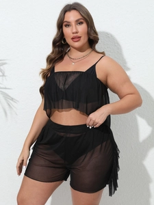 Plus size black mesh two-piece set featuring sheer ruffle top and beach cover-up shorts