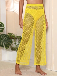 Pantalon de plage sexy jaune vif en dentelle crochetée à jambes larges pour femmes en vacances