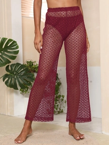 Pantalon large en dentelle ajourée bordeaux à taille haute pour plage et vacances