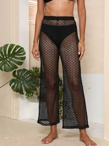 Pantalon large sexy en dentelle noire ajourée à taille haute pour plage et été