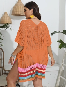 Women's V-neck crochet beach cover-up with hollow knit and multicolor striped hem