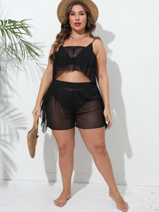 Plus size black 4-piece swimwear set with mesh cover-up and high waisted bikini