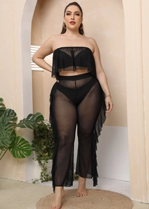 Set da spiaggia 3 pezzi in mesh nero con top a fascia e pantaloni a gamba larga