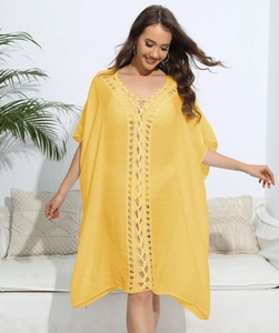 Close-up of bright yellow beach cover-up with crochet lace V-neck detail and texture