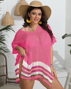 Detailed knit texture of hot pink V-neck crochet beach cover-up with multicolor stripes