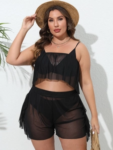 Plus size black sheer mesh ruffle three-piece swimsuit and beach cover-up set for women