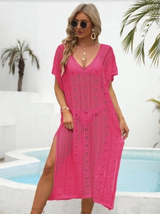 Fuchsia crochet beach cover-up dress with V-neck and side slits for summer vacations