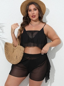 Detail of plus size mesh ruffle cover-up set with black bikini and sheer fabric texture