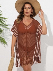 Women's crochet beach cover-up with brown and white stripes, V-neck and fringe details
