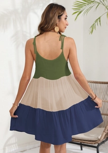 Back view of summer striped dress with tri-color panels and thin spaghetti straps