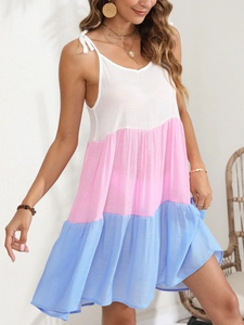 Close-up of the tri-color tiered design and adjustable tie-straps on the summer dress