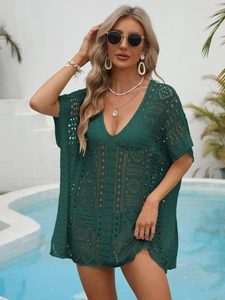 Dark green crochet hollow beach cover-up with deep V-neck and geometric knit pattern