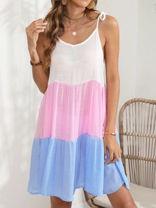 Summer striped color block spaghetti strap mini dress with pink blue and white panels