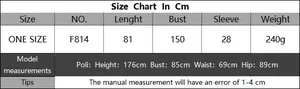 Detailed size chart for the oversized knit beach cover-up showing length and bust measurements
