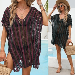 Detail of crochet beach cover-up with contrast stripes, V-neck and hollow knit texture