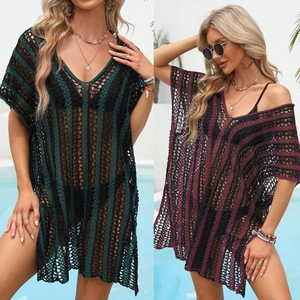 Detailed knit pattern on women's striped hollow-out beach cover-up with V-neck style