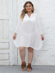 Detail view of white plus size V-neck beach cover up dress in breathable cotton fabric