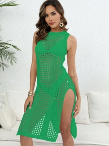 Women Crochet Hollow Out Beach Cover Up Dress Sleeveless Round Neck High Slit Knit Summer Vacation Bikini Smock Long Dress