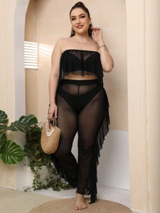 Completo due pezzi taglie forti in mesh nero trasparente con volant per vacanze al mare