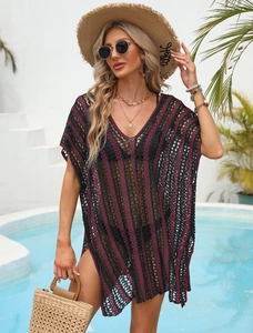 Women crochet beach cover-up dress in black and purple stripes with V-neck style