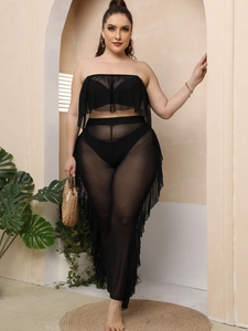 Set da spiaggia sexy in mesh nero con top a balze e pantaloni a zampa d'elefante velati