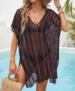 Detail of crochet knit texture on striped V-neck beach cover-up with side slits